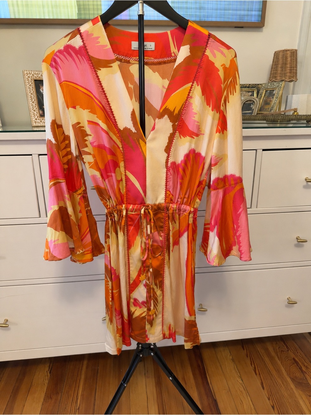 Maaji Vibrant Pink Orange Floral V-Neck Drawstring Dress